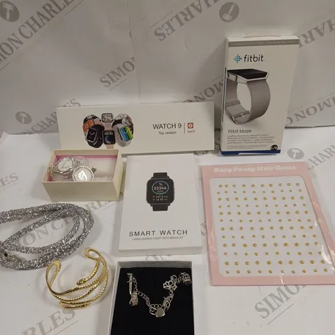 APPROXIMATELY 15 ASSORTED JEWELLERY PRODUCTS TO INCLUDE FITBIT BRACELET ACCESSORY, CHARM BRACELET, WATCH 9 SMART WATCH ETC 