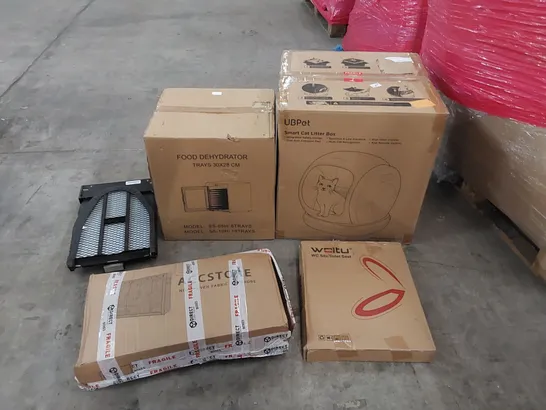 PALLET OF ASSORTED CONSUMER PRODUCTS TO INCLUDE: FOOD DEHYDRATOR, SMART CAT LITTER BOX, FABRIC WARDROBE, FOLDING IRONING BOARD, TOILET SEAT ECT