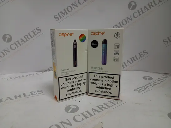 APPROXIMATELY 20 ASSORTED BOXED ASPIRE VAPING PRODUCTS TO INCLUDE FLEXUS Q KIT, POCKEX KIT ETC. 