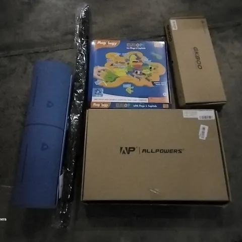 PALLET OF ASSORTED ITEMS INCLUDING YOGA MAT, MAPOLOGY EUROPE FLAGS & CAPITALS, ALL POWERS SOLAR PANEL KIT, GK800 KEYBOARD, G4FREE UMBRELLA, TRAIN SET