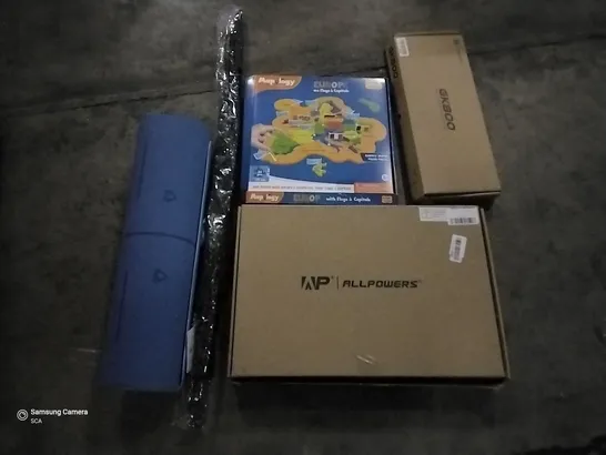 PALLET OF ASSORTED ITEMS INCLUDING YOGA MAT, MAPOLOGY EUROPE FLAGS & CAPITALS, ALL POWERS SOLAR PANEL KIT, GK800 KEYBOARD, G4FREE UMBRELLA, TRAIN SET