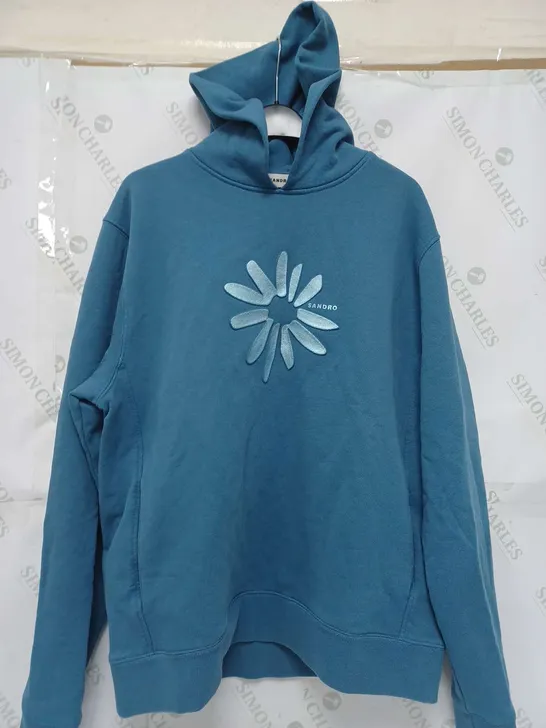 SANDRO SS24 GLOSSY FLOWER HOODIE IN BLEU GRIS - LARGE