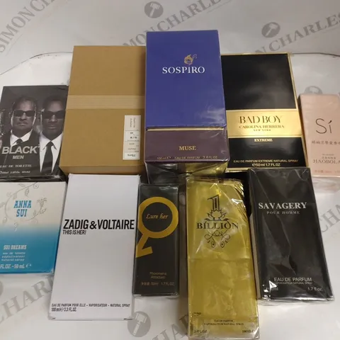 LOT OF 10 ASSORTED FRAGRENCES TO INCLUDE SOSPIRO MUSE AND CAROLINA HERRERA BAD BOY