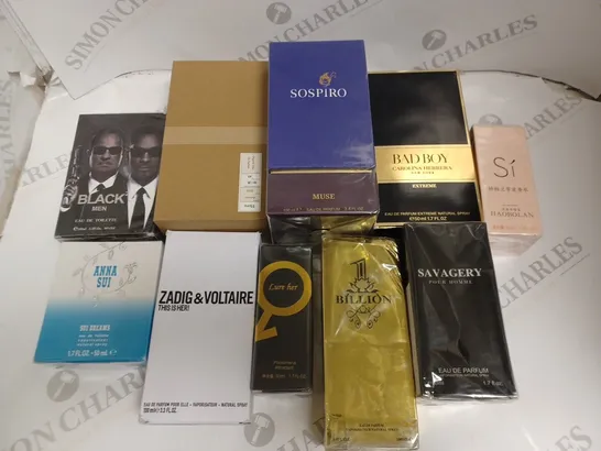 LOT OF 10 ASSORTED FRAGRENCES TO INCLUDE SOSPIRO MUSE AND CAROLINA HERRERA BAD BOY