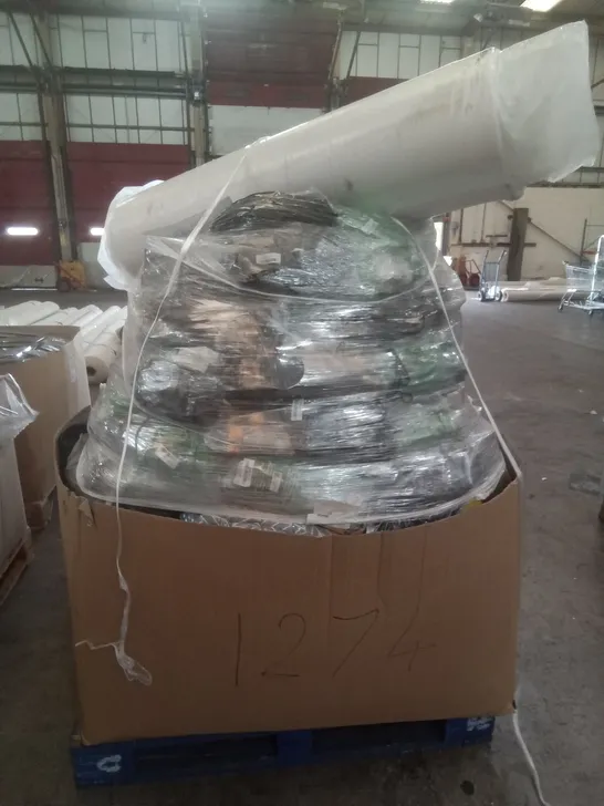 PALLET OF ASSORTED ITEMS INCLUDING VISCO THERAPY PRESSURE RELIEVING MEMORY MATTRESS, SUPLONG 100FT EXPANDING HOSE, SOTOR LUMBAR PILLOW CUSHION, CERVICAL PILLOW, FLEXI HOSE