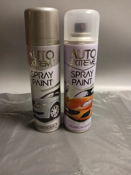 LOT OF APPROX. 25 AUTO EXTREME SPRAY PAINT SILVER AND CLEAR 250ML 