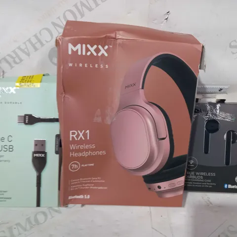 BOX OF APPROXIMATELY 20 ASSORTED ELECTRICAL ITEMS TO INCLUDE ASDA TECH WIRELESS EARBUDS, MIXX TYPE C TO USB CABLE, MIXX RX1 WIRELESS HEADPHONES, ETC