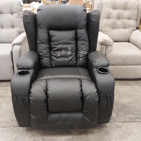 DESIGNER BLACK LEATHER MANUAL RECLINING ELECTRIC MASSAGE SWIVELLING ARMCHAIR WITH CUP HOLDERS (1 ITEM)