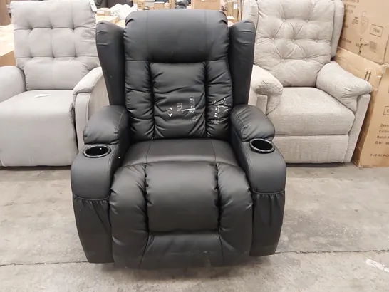 DESIGNER BLACK LEATHER MANUAL RECLINING ELECTRIC MASSAGE SWIVELLING ARMCHAIR WITH CUP HOLDERS (1 ITEM)