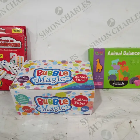 BOX OF APPROXIMATELY 15 ASSORTED TOYS AND GAMES TO INCLUDE ANIMAL BALANCE GAME, BUBBLE MAGIC, DOMINOES, ETC