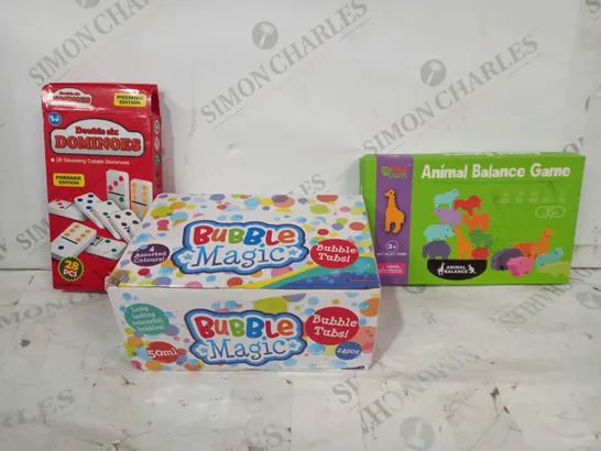 BOX OF APPROXIMATELY 15 ASSORTED TOYS AND GAMES TO INCLUDE ANIMAL BALANCE GAME, BUBBLE MAGIC, DOMINOES, ETC