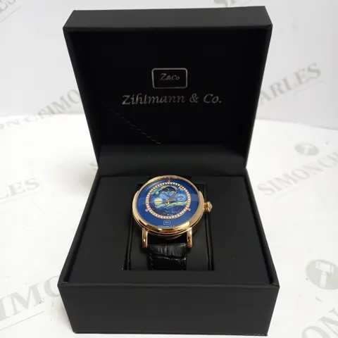 MENS ZIHLMANN & CO AUTOMATIC WATCH – Z150 – MOONPHASE DIAL – GLASS EXHIBITION BACKCASE - SILVER COLOUR CASE – BLACK LEATHER STRAP