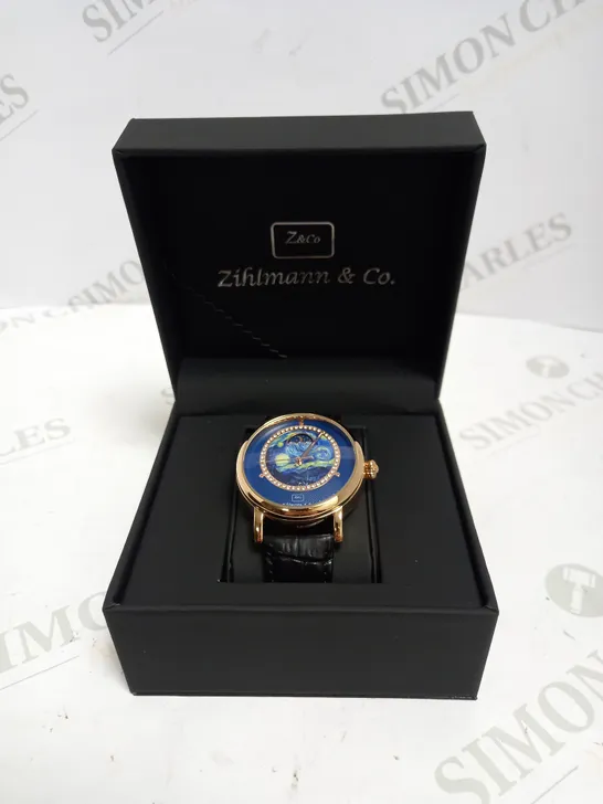 MENS ZIHLMANN & CO AUTOMATIC WATCH – Z150 – MOONPHASE DIAL – GLASS EXHIBITION BACKCASE - SILVER COLOUR CASE – BLACK LEATHER STRAP