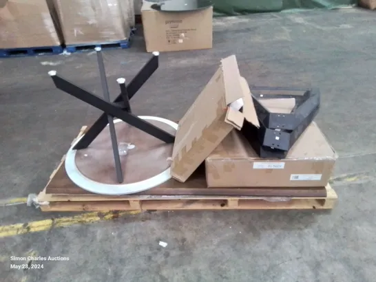 A PALLET OF ASSORTED DESIGNER DINNING TABLE PARTS, TO INCLUDE TABLE TOPS AND LEGS ETC.