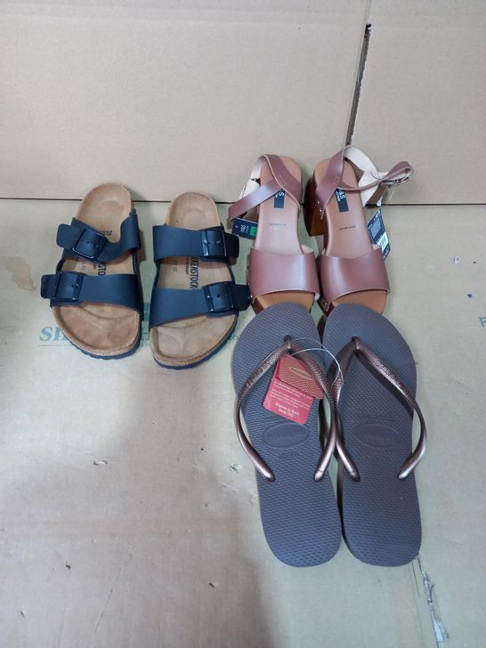 BOX OF SUMMER SHOES AND SANDALS TO INCLUDE BIRKENSTOCKS (SIZE 39) AND HAVAIANAS (SIZE 41)