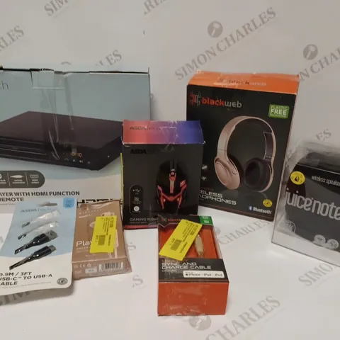 BOX OF APPROX 20 ASSORTED ITEMS INCLUDING ASDATECH DVD PLAYER, BLACKWEB GAMING HEADSET AND ASDATECH GAMING MOUSE