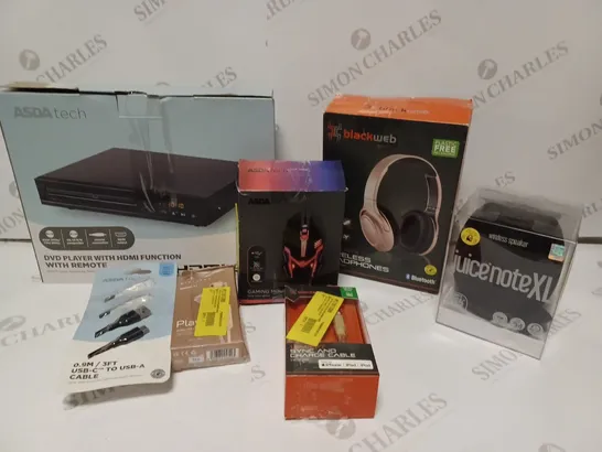 BOX OF APPROX 20 ASSORTED ITEMS INCLUDING ASDATECH DVD PLAYER, BLACKWEB GAMING HEADSET AND ASDATECH GAMING MOUSE