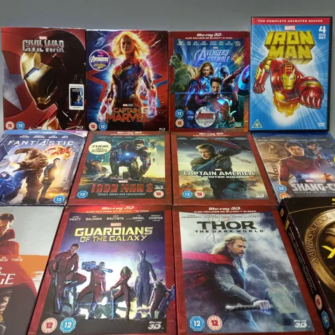 APPROXIMATELY 30 ASSORTED DVDS TO INCLUDE MARVEL IRON MAN 4 DVD SET COMPETE ANIMATED SERIES, THOR THE DARK WORLD (BLU-RAY 3D), X-MEN THE ULTIMATE COLLECTION (BLU-RAY), ETC