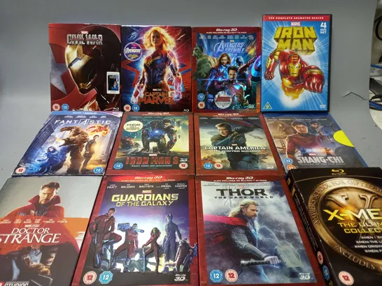 APPROXIMATELY 30 ASSORTED DVDS TO INCLUDE MARVEL IRON MAN 4 DVD SET COMPETE ANIMATED SERIES, THOR THE DARK WORLD (BLU-RAY 3D), X-MEN THE ULTIMATE COLLECTION (BLU-RAY), ETC