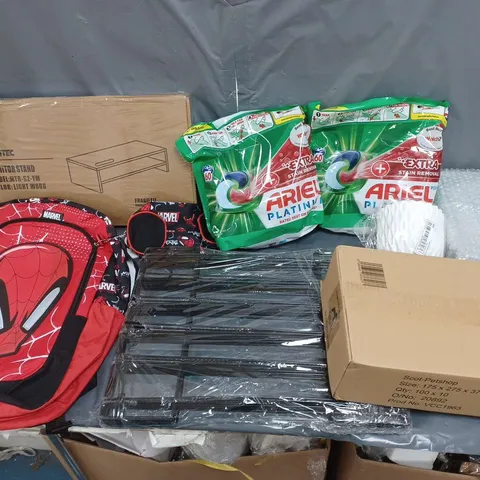 BOX OF APPROXIMATELY 15 ASSORTED HOUSEHOLD ITEMS TO INCLUDE BONTEC MONITOR STAND, ARIEL PLATINUM, AND MARVEL SPIDERMAN BACKPACK ETC. 