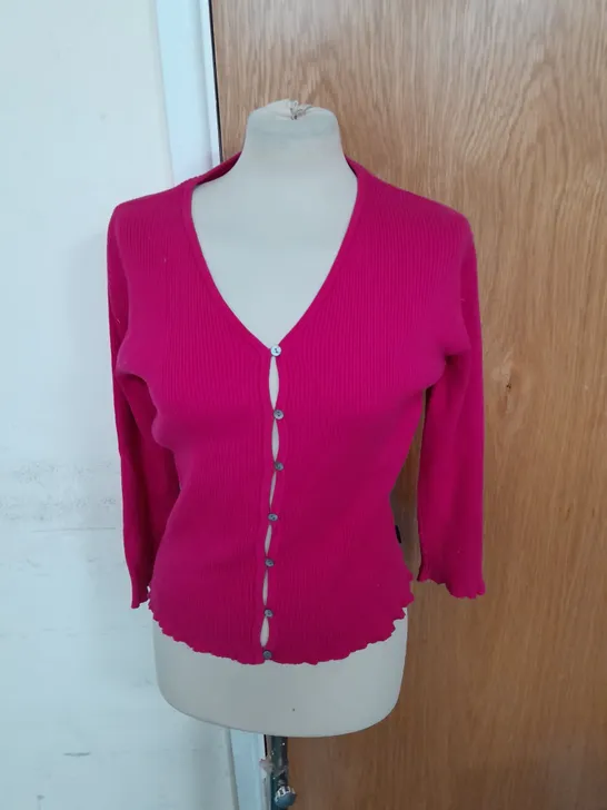 JASPER CONRAN RIBBED BUTTON UP CARDIGAN IN CERISE