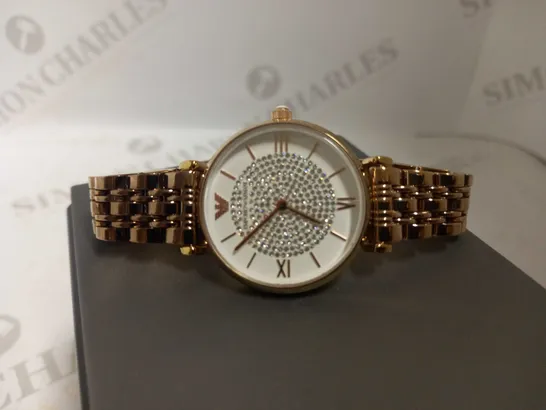 EMPORIO ARMANI WOMENS TWO-HAND ROSE GOLD-TONE STAINLESS STEEL WATCH RRP £379