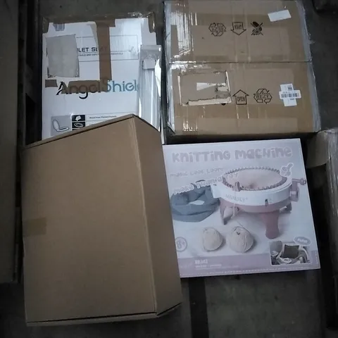 PALLET OF ASSORTED ITEMS INCLUDING KNITTING MACHINE, ANGEL SHIELD TOILET SEAT, KITCHEN FAUCET, FABIAN CLARKE PHOTO FRAMES, F&J OUTDOORS, ALPHA CAMP 