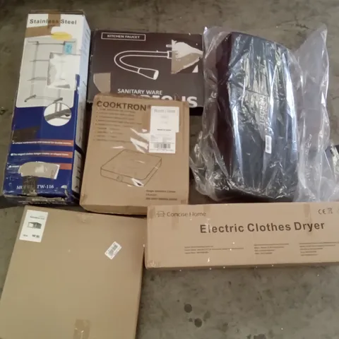 PALLET OF ASSORTED ITEMS INCLUDING KITCHEN FAUCET, PARKING LOT MODEL SCENE, ELECTRIC CLOTHES DRYER, SINGLE INDUCTION COOKER, NORDFIT AEROBIC STEP, METAL DRYING RACK