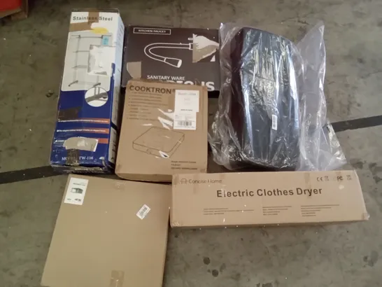 PALLET OF ASSORTED ITEMS INCLUDING KITCHEN FAUCET, PARKING LOT MODEL SCENE, ELECTRIC CLOTHES DRYER, SINGLE INDUCTION COOKER, NORDFIT AEROBIC STEP, METAL DRYING RACK