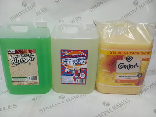 BOX OF APPROX 3 ASSORTED LIQUIDS TO INCLUDE - COMFORT LASTING FRESHNESS - SUPER STRENGTH VINEGAR - SINK AND DRAIN UNBLOCKER 