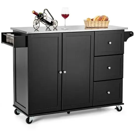 BOXED COSTWAY KITCHEN ISLAND 2-DOOR STORAGE CABINET STAINLESS STEEL TOP W/ DRAWERS - BLACK