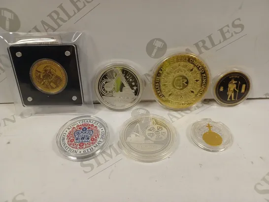 BOX TO CONTAIN 7 X ASSORTED COMMEMORATIVE COLLECTORS MEDALS. DESIGNS VARY 