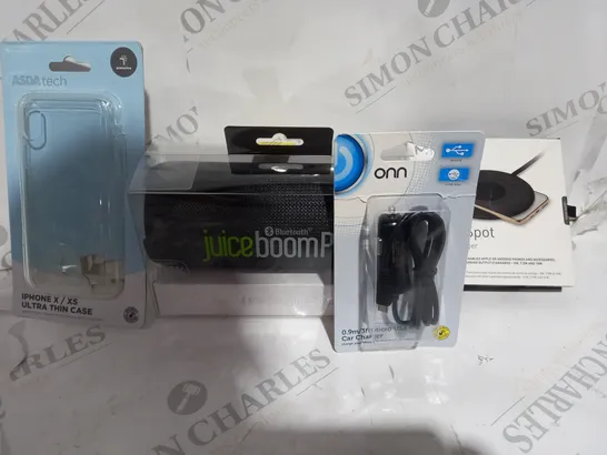 LOT OF ASSORTED ITEMS TO INCLUDE - PHONE CASES - BLUETOOTH SPEAKER - WIRELESS CHARGER - CAR CHARGERS 