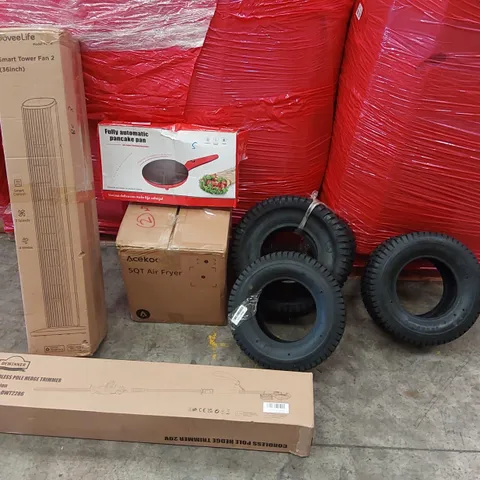 PALLET OF ASSORTED CONSUMER PRODUCTS TO INCLUDE: CORDLESS POLE HEDGE TRIMMER, AIR FRYER, SMART TOWER FAN, AUTOMATIC PANCAKE PAN, TYRES ECT