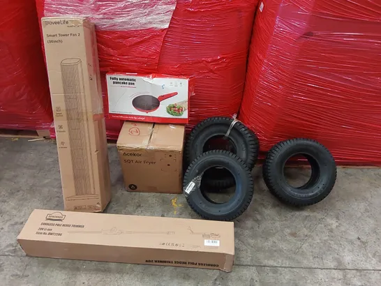 PALLET OF ASSORTED CONSUMER PRODUCTS TO INCLUDE: CORDLESS POLE HEDGE TRIMMER, AIR FRYER, SMART TOWER FAN, AUTOMATIC PANCAKE PAN, TYRES ECT