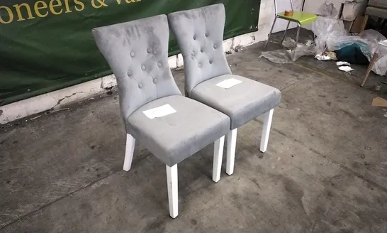 PAIR OF BEWLEY GREY VELVET BUTTON BACK DINING CHAIRS WITH WHITE LEGS