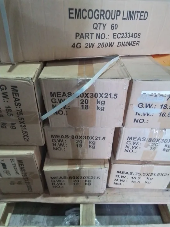 PALLET OF APPROXIMATELY 9 MULTI PACK BOXES OF EMCO TO INCLUDE- 4G 2W 250W DIMMER , 45 AMP DOUBLE POLE SWITCH - COLLECTION ONLY