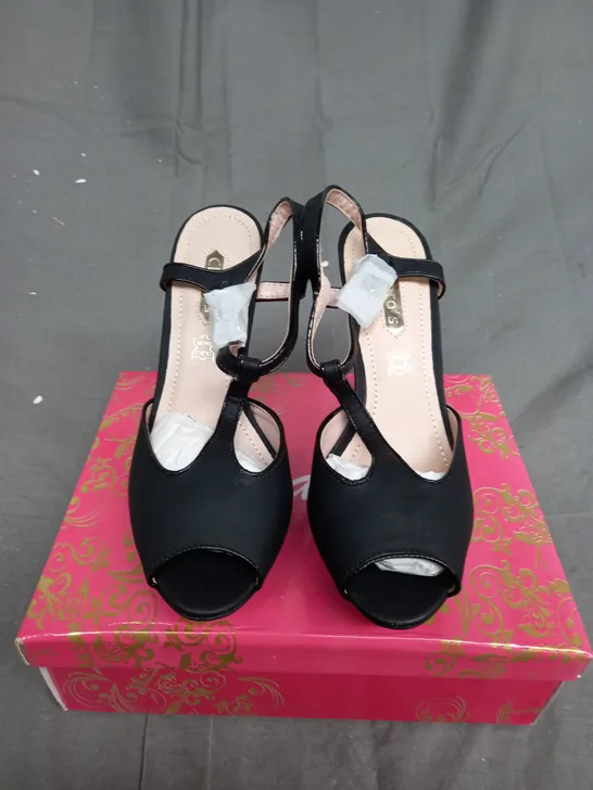 BOX OF APPROXIMATELY 10 PAIRS OF BOXED HIGH HEEL OPEN TOE SHOES IN VARIOUS SIZES