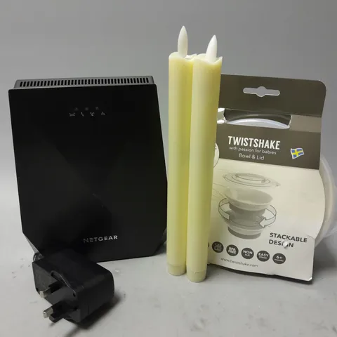 APPROXIMATELY 15 ASSORTED ITEMS TO INCLUDE BATTERY CANDLES, NETGEAR NIGHTHAWK X6 AC2200, TIWSTSHAKE BOWL & LID, ETC