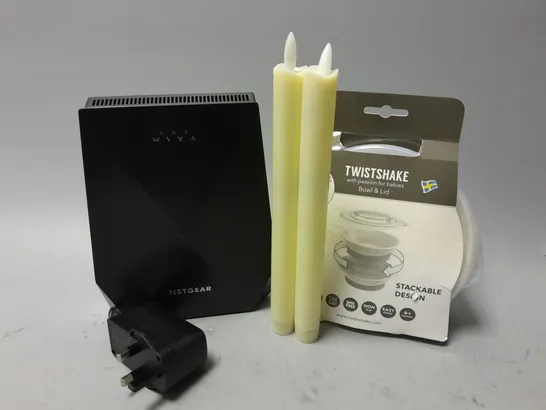 APPROXIMATELY 15 ASSORTED ITEMS TO INCLUDE BATTERY CANDLES, NETGEAR NIGHTHAWK X6 AC2200, TIWSTSHAKE BOWL & LID, ETC