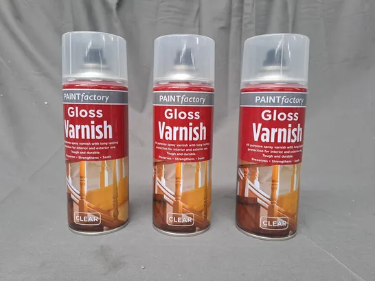 LOT OF 3 PAINT FACTORY GLOSS VARNISH CANS IN CLEAR (400ML) - COLLECTION ONLY