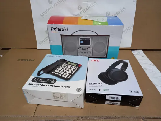 BOX OF APPROXIMATELY 14 ASSORTED ITEMS TO INCLUDE A BLUETOOTH DAB+ / FM RADIO, A BIG BUTTON LANDLINE PHONE AND A PAIR OF DEEP BASS WIRELESS HEADPHONES 