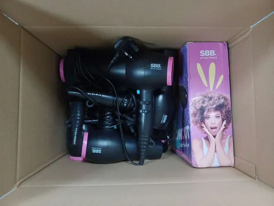 BOXED LOT OF APPROXIMATELY 10 SBB HAIR CARE PRODUCTS TO INCLUDE STRAIGHTENERS AND HAIRDRYERS