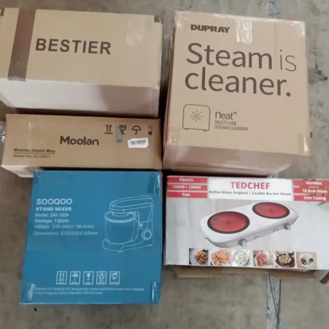 PALLET OF ASSORTED ITEMS INCLUDING DUPRAY STEAM CLEANER, MOOLAN STEAM MOP, STAND MIXER, TED CHEF ACTIVE BLAZE DOUBLE BURNER STOVE, STOREMIC TOILET SEAT, MYLEK LUXURIOUS HEATED MATTRESS 