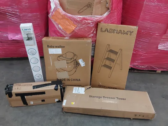 PALLET OF ASSORTED CONSUMER GOODS AND FURNITURE PRODUCTS TO INCLUDE; STORAGE DRESSER TOWER, STEP LADDER, BABY WALKER, STORAGE DRESSER TOWER, PORTABLE BATHTUB, RETRACTABLE SAFETY GATE ECT.