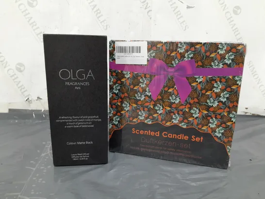 2 BOXED PRODUCTS TO INCLUDE OLGA FRAGRANCES LUXURY REED DIFFUSER, SCENTED CANDLE SET