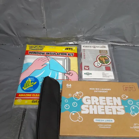 APPROXIMATELY 10 ASSORTED HOUSEHOLD ITEMS TOO INCLUDE OG LEADS , WINDOW INSULATION KIT , DETERGENT , ETC 