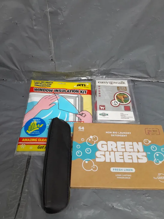 APPROXIMATELY 10 ASSORTED HOUSEHOLD ITEMS TOO INCLUDE OG LEADS , WINDOW INSULATION KIT , DETERGENT , ETC 