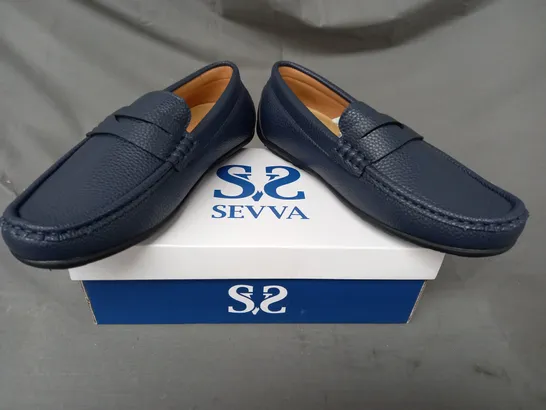 BOXED PAIR OF SEVVA LOAFERS IN NAVY UK SIZE 5