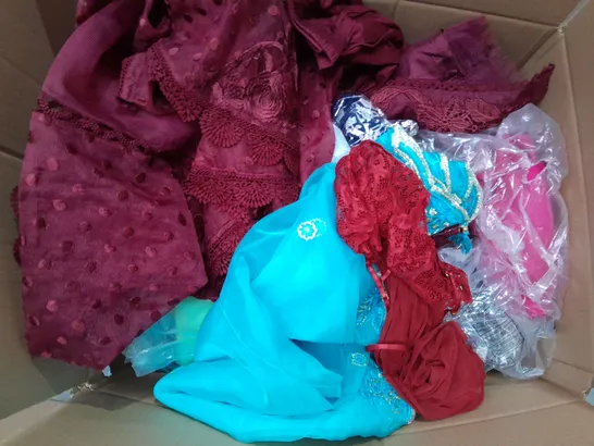 BOX OF APPROXIMATELY 25 ASSORTED CLOTHING ITEMS TO INCLUDE - DRESSES - TOPS - NIGHTWEAR - ETC